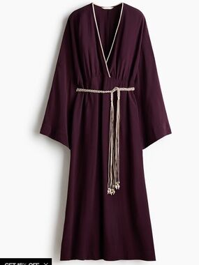 H&M Burgundy Satin Maxi Wrap Dress Tie Waist Tassel Boho Flowy Evening Dress XL